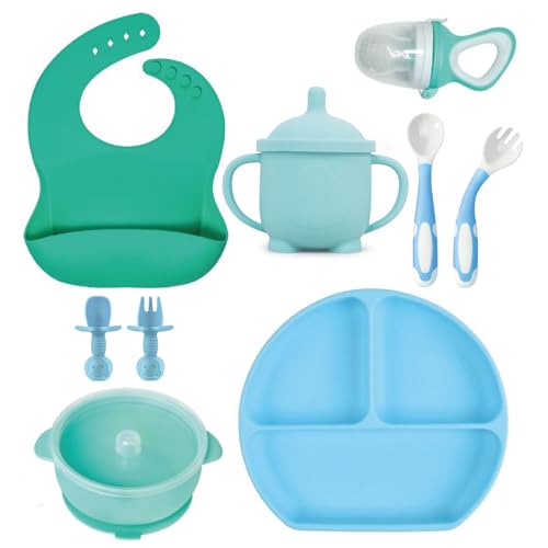 Image of Silicone Baby Feeding Set, 10 Pcs Baby Led Weaning Supplies Suction Bowl Divided Plate Baby Bib Fruit Feeder Baby Spoon Fork Sippy Cup Toddler Utensil Sets Baby Essentials for Newborn Gift
