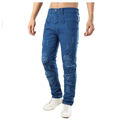 Calça jeans masculina rasgada slim fit skinny stretch para homens calças jeans de perna afunilada, Azul 7032, 39