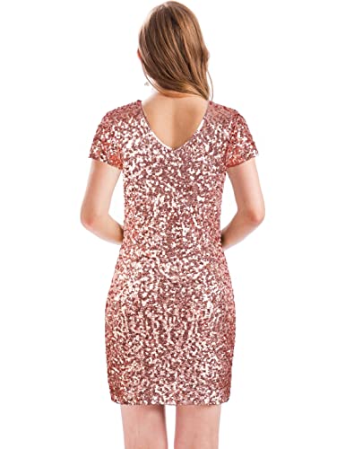 Image of MANER Women's Sequin Glitter Short Sleeve Dress Sexy V Neck Mini Party Club Bodycon Dresses
