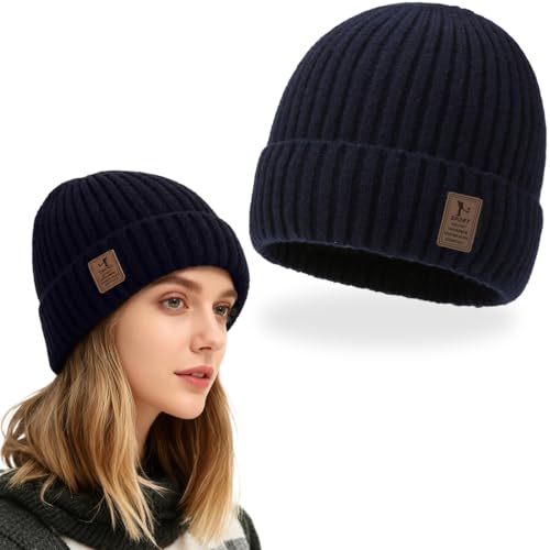 EJRUP Gorro Invierno Hombre y Mujer de Lana Merino, con Forro Polar,Invierno Termicos Gorro Beanie de Punto, Suave y Elástico, Gorro de Punto Grueso(Azul)