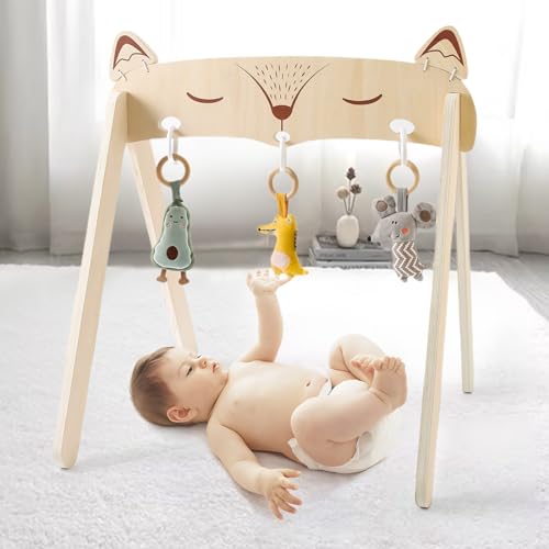 Image of Samonyed Wooden Baby Play Gym Fox Style, Frame Activity Gym with 3 Hanging Plush Toys (Bell Inside) for Newborns and Infants, Sensory Play and Motor Development with Natural Wood Baby Gym