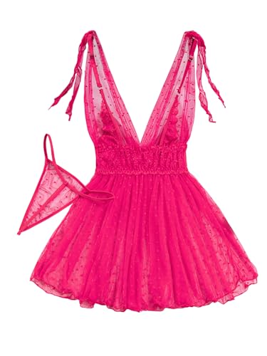 Image of Lilosy Sexy Polka Dots Mesh Sheer Lace Babydoll Chemise Lingerie Set Floral Sleep Wear