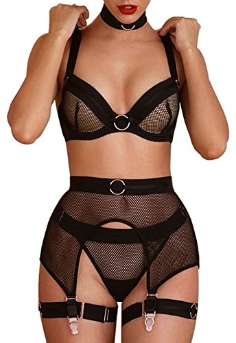 Kimlyf Strapsen Dessous Set für Damen Dessous Sexy Unterwäsche Reizwäsche Set mit Strapsen mit BH und Slip mit Halsband Schwarz 4-teiliges Set M Cover