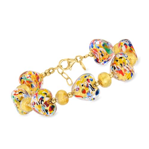 Ross-Simons Italian Multicolored Murano Glass Heart-Shaped Bead Bracelet With 18kt Gold Over Sterling. 7 inches