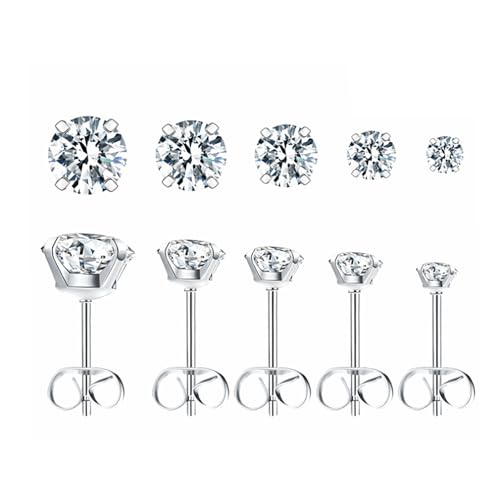 Stainless Steel Stud Earrings Set for Women, 5 Pairs Hypoallergenic Back Stud Earrings Set for Sensitive Ears, 316L Stainless Steel Premium Cubic Zirconia Stud Earrings 3-8mm