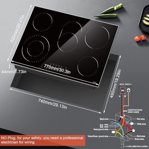 Image of Hobsir 30 Inch Electric Cooktop, 5 Burners Cooktop, Electric Stove Top Burner, 8400W Drop-in Electric Ceramic Stove with Glass Metal Frame, Timer, Safety Lock, 220-240V, Hard Wired (No Plug) 2024