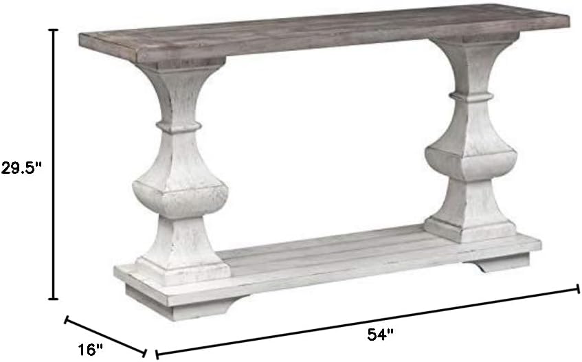 Pemberly Row Traditional Wood Sofa Table, Heavy Distressed White Finish, Square Turned Legs, Planked Top and Bottom Shelf, Spanish Style Console for Living Room, Entryway, or Hallway Use