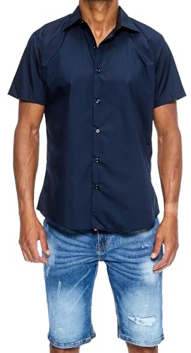 J\'S FASHION Herren-Hemd - Slim-Fit - Kurzarm-Hemd Freizeithemd - Bügelleicht - Dunkelblau L J\'S FASHION Herren-Hemd - Slim-Fit - Kurzarm-Hemd Freizeithemd - Bügelleicht - Dunkelblau L