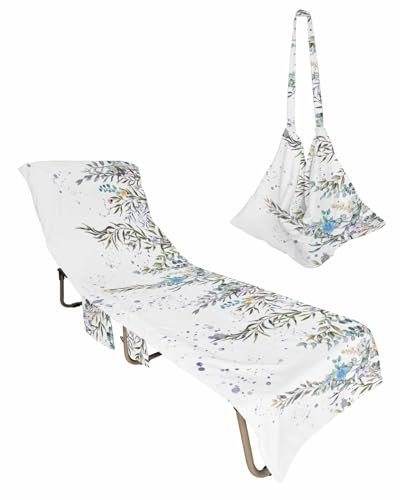 Eucalyptus Leaves Beach Chair Towel Covers for Chaise Lounge With Side Pocket, Soft Plush Pool Towels Cover for Patio Sunbathing Outdoor 29''x85'' Aesthetic Floral Plant Rustic Chic Watercolor