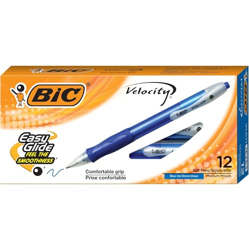 Image of BIC Velocity Retractable Ballpoint Pens, Medium Point, 1.0 mm, Assorted Barrels, Blue Ink, Pack Of 12