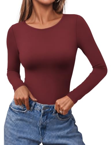 Ekouaer Long Sleeve Shirts for Women Scoop Neck Tight Slim Basic Fitted Top - image 1