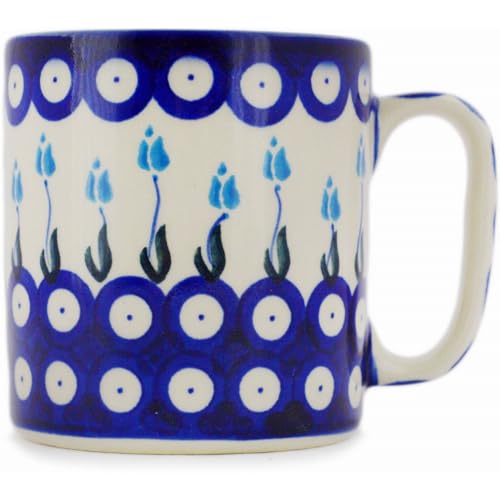 Polmedia Polish Pottery Mug 13 oz - Peacock Tulip Garden Pattern Handmade in Boleslawiec Poland by Ceramika Bona + Certificate of Authenticity
