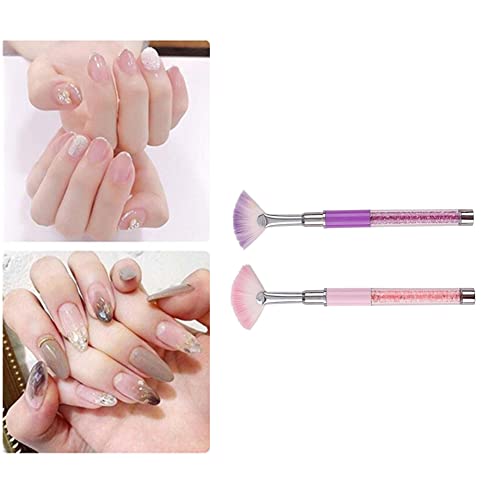Purple Pink Fan Shape Nail Brush With Rhinestone Handle, Glitter Art Drawing Fan Pen Liner Brush Dust Powder Remover Nail Brush (2 Pack) #TOP5