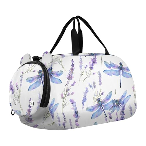 Duffle Bag for Boys or Girls with Shoes Compartment, Dragonfly Lavender Sports Travel Bag Overnight