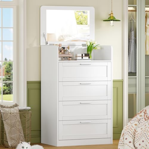 Image of TEENFON Dresser for Bedroom, Tall White Dresser with 4 Drawers, Dressers with Mirror, Chest of Drawers for Bedroom, Living Room, Closet, Hallway, White