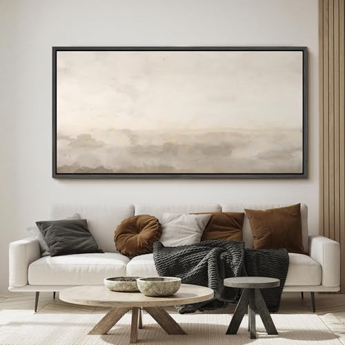 Image of MUDECOR Extra Large Framed Canvas Print Wall Art Soft Neutral Horizon Minimal Abstract Landscape Antique Ready to Hang Painting for Living Room Bedroom Multi-Sizes - 60 inchx30 inch