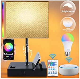 NEWREACH RGB Smart Table Lamp with Remote Control - Alexa Lamp for Bedroom with Voice & APP Control & Music Sync, Dimmable Nightstand Lamp with Charging Station for Living Room, Alexa Bulb Included