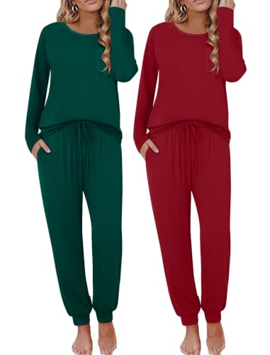 Image of Ekouaer 2 Pack Womens Pajama Sets Long Sleeve Pjs Soft Comfy Lounge Set