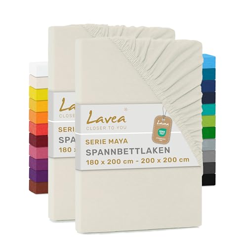 Lavea® 2er Pack Spannbettlaken 180x200cm - 200x200cm, Bettlaken aus 100% Baumwolle Jersey, mit Rundumgummizug, für Matratzen bis 20 cm Höhe, weich, formstabil, langlebig, Creme Naturweiß