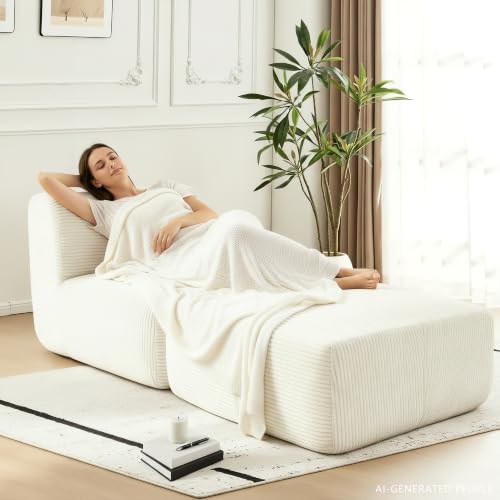 Image of Armless Chair with Ottoman, Modern Corduroy Convertible Cloud Couch