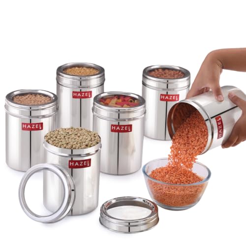 Image of HAZEL Stainless Steel Kitchen Container with Transparent Lid | Top See Through Kitchen Container Set with Matt Finish | Multipurpose Container for Kitchen Storage, 1500 ML, Set of 6