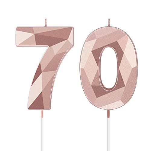 Nuanchu 70th Birthday Candles Happy Birthday Cake Topper 3D Diamond Shape Numeral Sparkler Number Candles for Men Women Party Wedding Decoration Theme Party (Rose Gold)