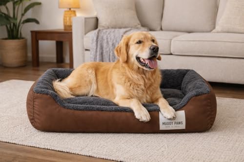 Image of MUDDY PAWS Reversible Sofa Style Dog Bed - Large (68 x 53 x 22 cm) - Plush Fur Surface, Removable Cushion & Anti-Skid Base - Brown & Grey