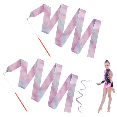 YUVKIN 2 Stück Gymnastikband mit Stab, Turnen Zubehör Tanzband für Kinder & Erwachsene, Rhythmische Sportgymnastik Band, Turntuch Glitzerstab für Indoor Tanzen (2 m, Glitzer Rosa)