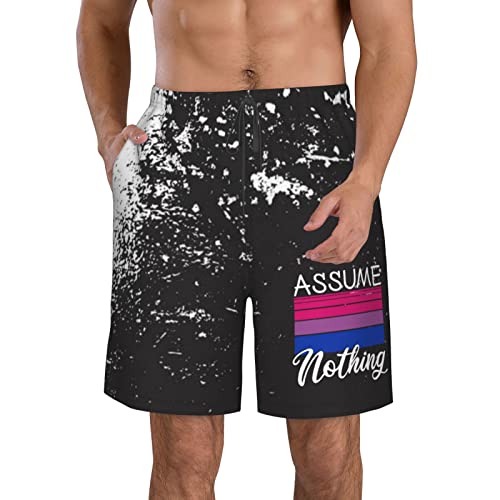 Kkaingg LGBT Bi Pride Gifts Assume Nothing Bisexual Flag Mens Swim Trunks Swim Shorts Beach Shorts with Pockets Swimsuit