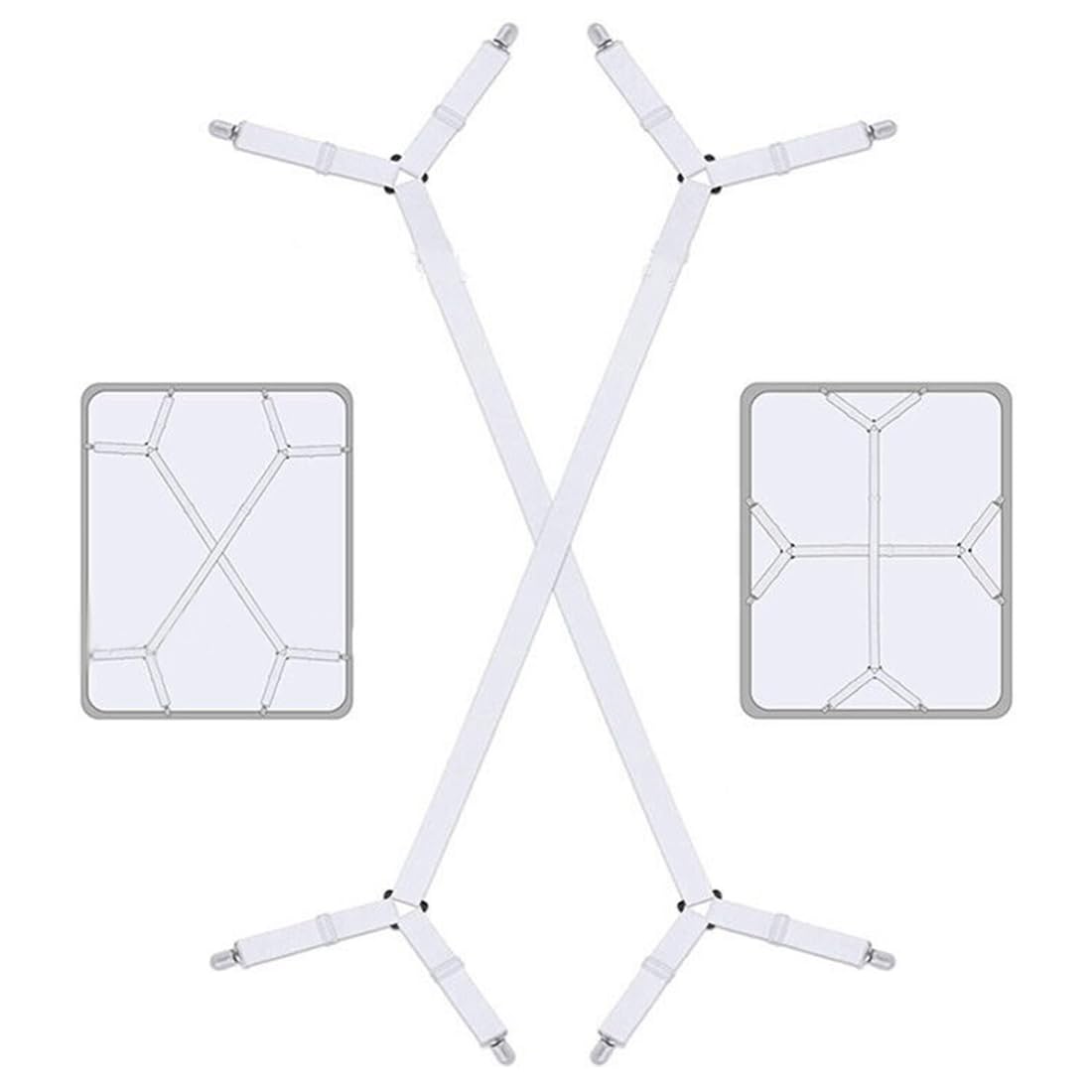 Fitspi White 2 Pack Bed Sheet Clips Crisscross Fitted Sheet Straps Mattress Sheet Clips Grippers Fasteners Adjustable Elastic Suspenders Gripper Holder Straps Clip Non-Slip Tent Retainer For Bedding