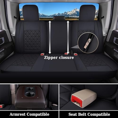 Image of Coverado Car Seat Covers Full Set, Leather RAM 1500 Seat Covers Protectors Compatible with 2002-2026 Dodge RAM 1500 2500 3500 Crew Double Mega Quad Cab with Flat Bench, Black