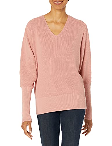 Cable Stitch Women's Puff Sleeve V-Neck Sweater - Lightweight Pleated Blouson Long Sleeve Pullover Top (Small, Rose)