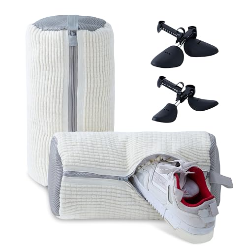 2 Pcs Shoe Washing Machine Bags - Laundry Shoe Bags for Washer and Dryer, Reusable Tennis Shoe Washing Bag, Microfiber Cleaning Bags, Includes Adjustable Shoe Trees