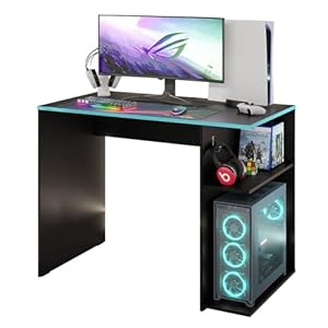 Madesa Compact Gaming Computer Desk with 2 Shelves, Cable Management and Large Monitor Stand, Wood, 54 D x 100 W x 75 H – Black/Blue