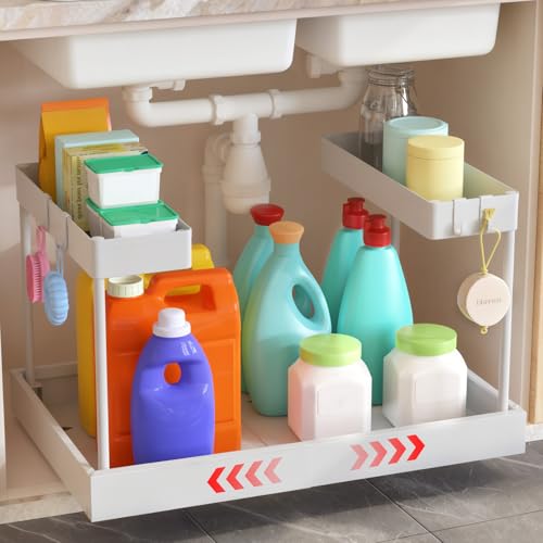 Timboniture Expandable Under Sink Organizers and Storage,Width Adjustable (14.9-23.6IN),No Drill 2-Tier Pull Out Under Cabinet Organizer for Kitchen Bathroom Laundry White by Timboniture - Used condition - US$15.31