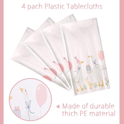 Image of Honeydak 4 Pcs Silly Goose Birthday Tablecloths,Pink Disposable Plastic | Pink 1st Baby Shower Gingham Table Cover, Disposable Plastic Tablecloths, Goose Theme Party Supplies, Summer Decorations