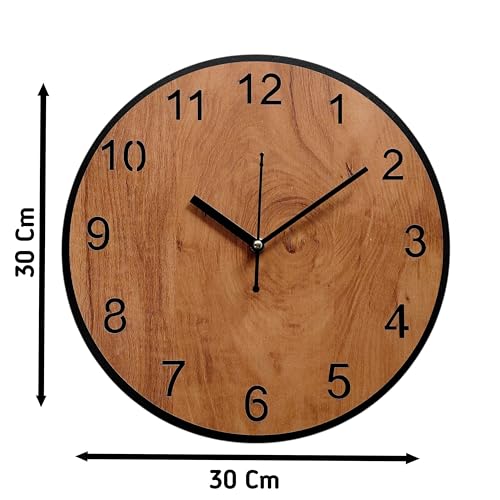 Image of Wooden Wall Clock for Living Room & Office - Classic Round Analog Ticking Decorative Clock 30.5CM