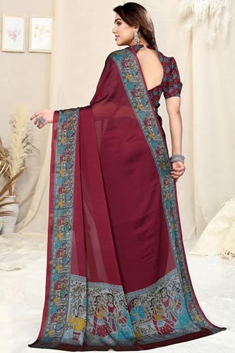 Image of MIRCHI FASHION Saree for Woman Chiffon Madhubani Print | Breathable Comfortable Printed Saree for Office and Regular Use (Available in 15 Designs)