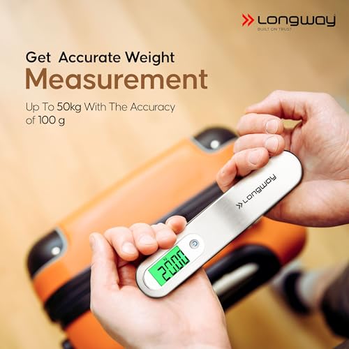 Image of Longway Traveltare Digital Portable Luggage Weighing Scale | LCD Display for Accurate Measurements | Lifetime Replacement | Weighing Scale for Home, Travel, Flights & Bags (Silver, 50 kg)
