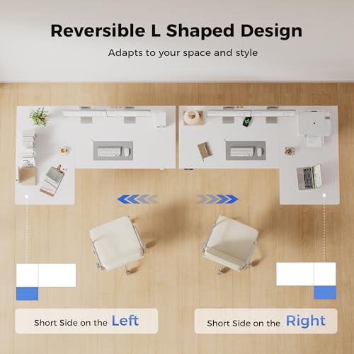 Image of Agilestic 55 Inch Reversible L Shaped Standing Desk, Electric Height Adjustable Desk with Memory Preset, Sit Stand Up Computer Workstation for Home Office, Splice Board, White