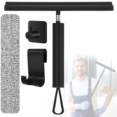 LORESJOY Rasquetas Limpiacristales para Ducha de Silicona con Soporte, 23.5-95cm Limpiacristales con Mango Extensible, Rasqueta limpiacristales y Microfibra Ventana Arandela