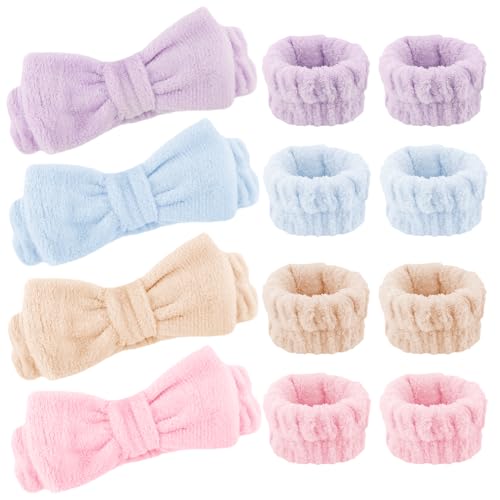 AOPRIE SPA Headbands for Washing Face Makeup Headbands with Bow Hair Band Women Facial Head Band Laurel Wrist Towel Wraps For Shower Face Mask Blue Pink Purple, 12 Pack