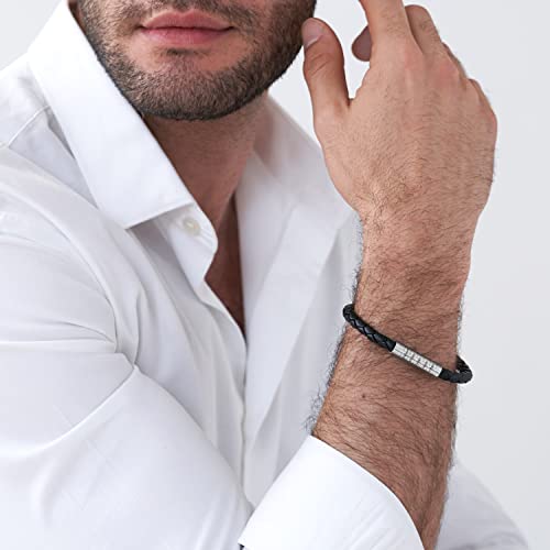 Myka - Personalized Engraved Braided Leather Men Bracelet In Black - Up To 5 Custom Inscriptions - Gift For Him, Men, For Father's Day, Valentine's Day, Christmas, Birthday (Stainless Steel) #TOP3
