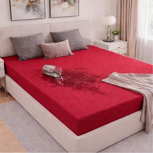 Image of Mattress Protector King Size, Lycra Waterproof Bed Protector King Size, 78x72x8 Inch, Breathable Noiseless Ultra Soft, Elastic Fitted Mattress Cover | Bed Cover (Red)