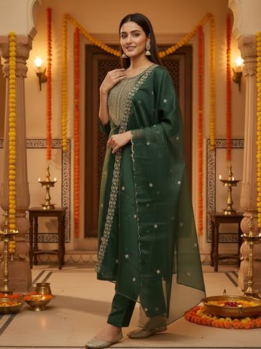 Image of INDO ERA Women's Silk Blend Floral Embroidered Thread Work Kurta & Pant with Dupatta Set
