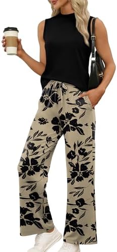WIHOLL Two Piece Set for Women Summer Spring Outfits Cruise Travel Airport Beach Vacation Clothes Trendy Lounge Sets Mock Neck Matching Women Clothing Wide Leg Pants Set M - 1