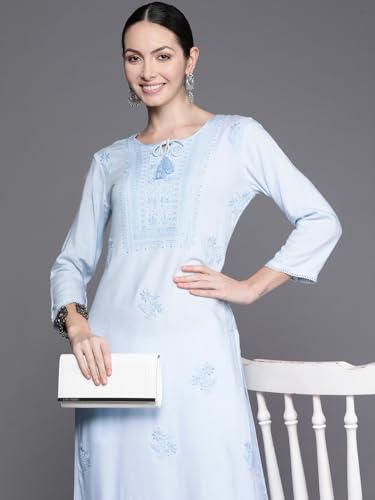 Image of INDO ERA Women's Floral Chikankari Work Viscose Rayon Calf Length Straight Kurta (23AGS7314)