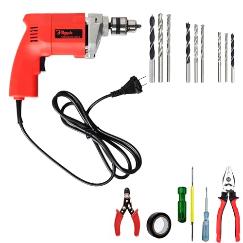 Image of Hillgrove HGCM1115M2 500W Drill Machine with 5Pcs Hand Tool Kit, 9Pcs Drill Bit Set for Making Holes in Metal /Wood /Concrete Pistol Grip Drill (10 mm Chuck Size)