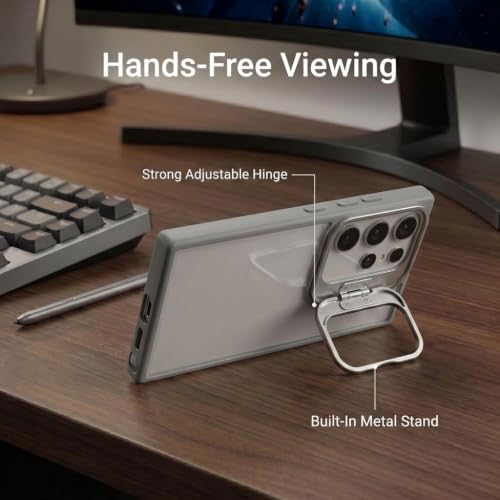 Image of amazon basics Frosted Matte Case for Samsung Galaxy S23 Ultra 5G | Built-in Flip-Out Camera Lens Stand | Translucent Back with Contrast Gray Bumper | Foldable Kickstand