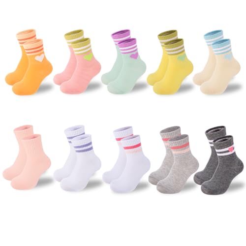 Utensilsto 10 Paar Socken Mädchen 29-33, KinderTennissocken Sportsocken mit Herz Streifen Bunte Crew Socken Laufsocken für Mädchen Jungen， Schule Sport Allta